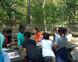 Stephanie Gestring, education intern, talks with City Academy 2nd graders about leaf adaptations.