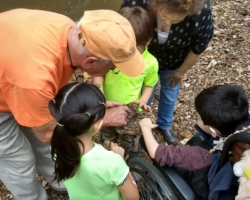 Jerry Lehman examines fossils with students from Brentwood Early Childhood Center.