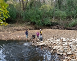 Sue Graf and 3rd graders from The Soulard School observe ripples made by throwing rocks in the creek.