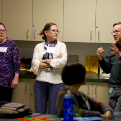 Linda Kram (Kol Rinah ECC), Catherine Richards (Buder Elementary) and Bob Coulter (LREC Director) collaborate to discuss MIT's Learning Creative Learning online course focusing on the 4 P's.