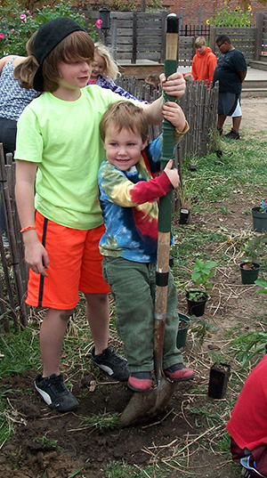 Older student helps younger one dig a hole in soil