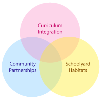 Venn diagram showing meeting of curriculum integration, community partnerships, and schoolyard habitats